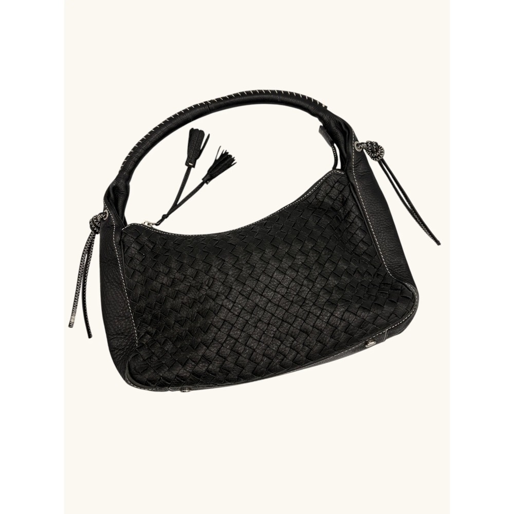 Talbots Black Leather Woven Hobo Shoulder Tassel Whipstitch Trim Contrast Stitch